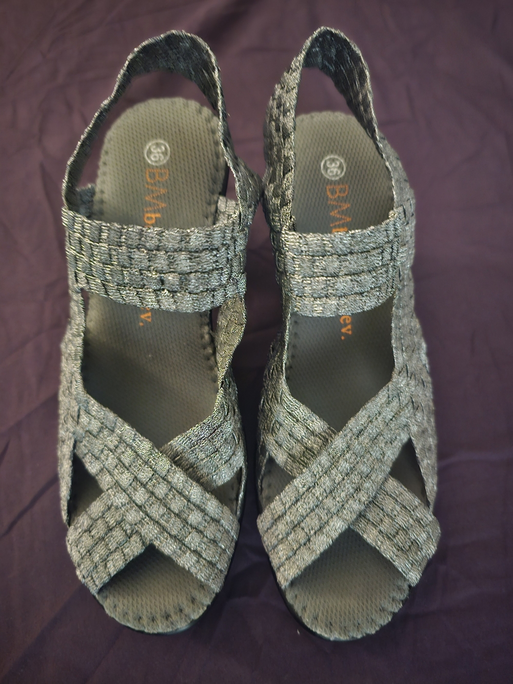 bernie mev. Silver Woven Slingback Sandals US6